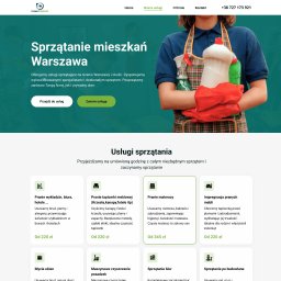 Tetiana Dzhurko - Strona internetowa firmy sprzątającej: kobieta w fartuchu trzyma środki czystości. Widoczne hasło 'Sprzątanie mieszkań Warszawa' i oferta usług sprzątania.