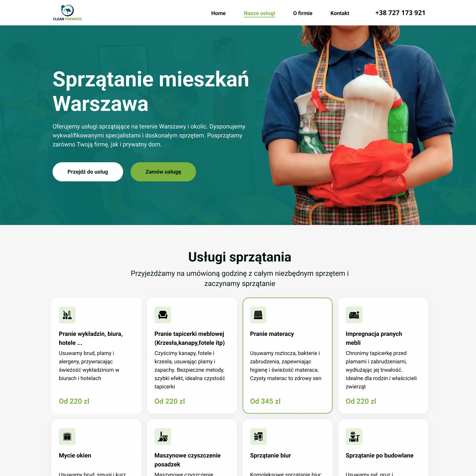 Strona internetowa firmy sprzątającej: kobieta w fartuchu trzyma środki czystości. Widoczne hasło 'Sprzątanie mieszkań Warszawa' i oferta usług sprzątania.