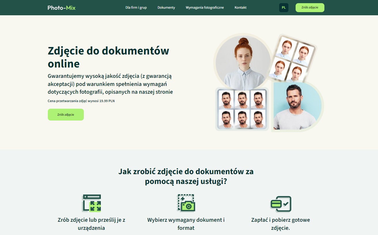 Strona internetowa Photo-Mix oferująca zdjęcia do dokumentów online. Widoczne przykładowe zdjęcia portretowe i proces obróbki. Zrób zdjęcie do dokumentów online.
