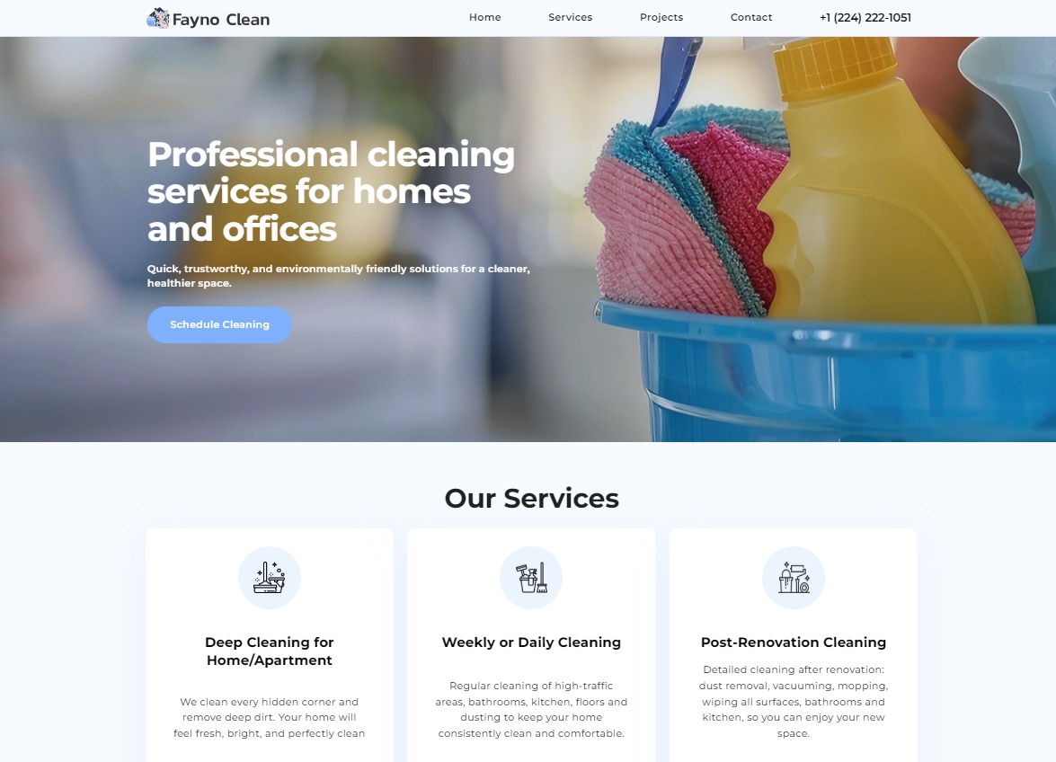 Strona internetowa firmy sprzątającej Fayno Clean: profesjonalne usługi dla domów i biur. W tle wiadro ze środkami czystości i ściereczkami.
