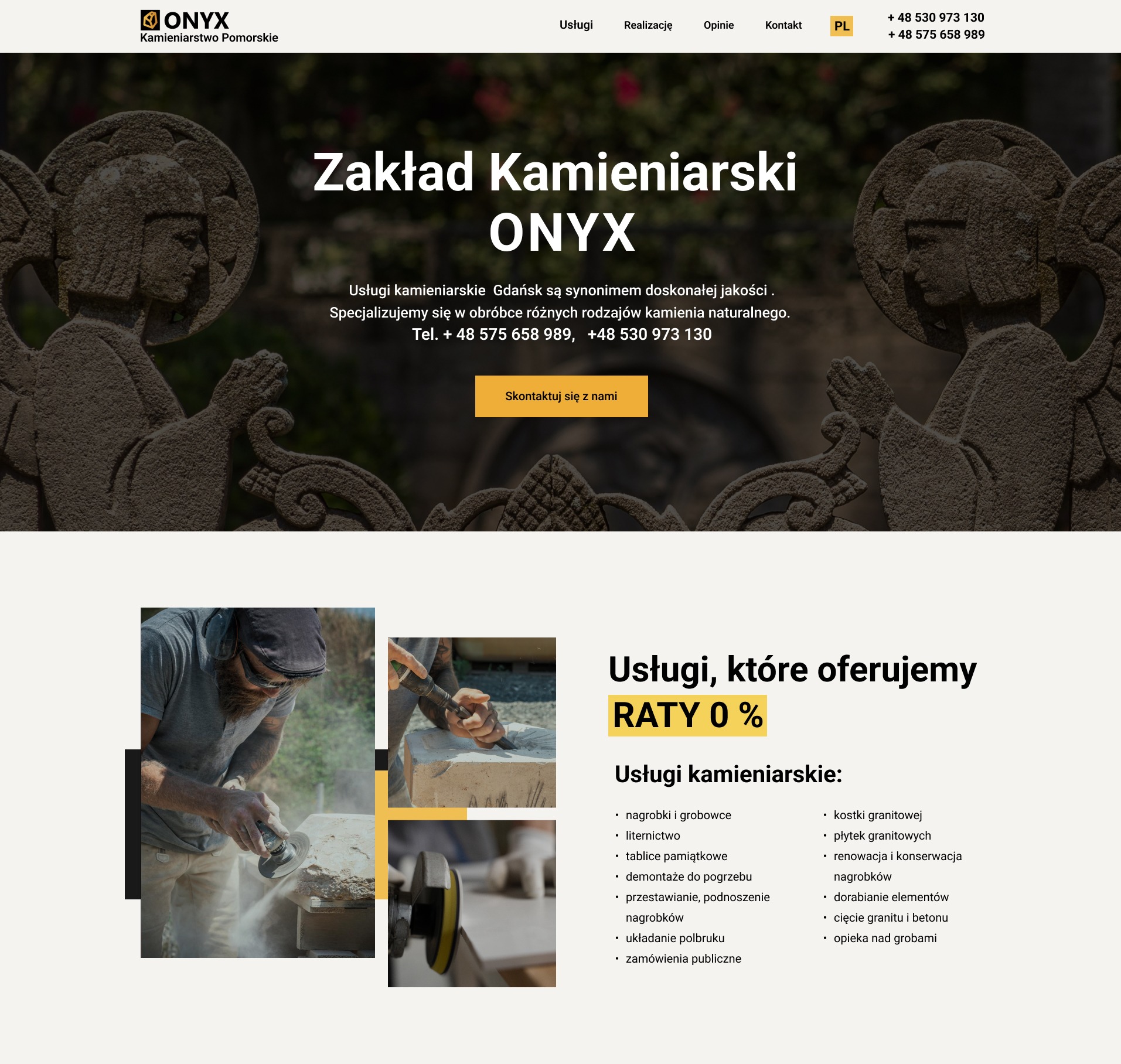 Strona internetowa zakładu kamieniarskiego Onyx z Gdańska. Prezentacja usług: nagrobki, liternictwo, tablice pamiątkowe, renowacje i inne. Zdjęcie z bliska.