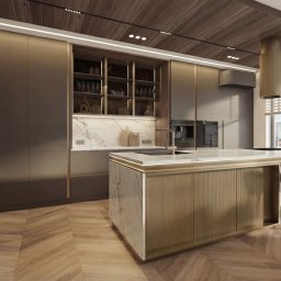 SPACE ARCHITECTS - Nowoczesna kuchnia z wyspą, marmurowym blatem i drewnianymi akcentami. Widok na miasto przez okno z żaluzjami. Parkiet w jodełkę na podłodze.