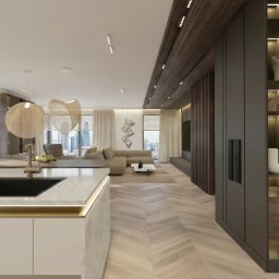 SPACE ARCHITECTS - Nowoczesne wnętrze: otwarta przestrzeń z kuchnią, salonem i zabudową meblową. Parkiet w jodełkę, designerskie lampy, widok na miasto. Minimalistyczny styl.