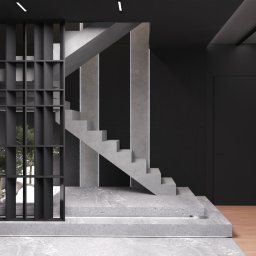 SPACE ARCHITECTS - Minimalistyczne wnętrze z betonowymi schodami i ażurowym regałem. Ciemna kolorystyka, drewniana podłoga i subtelne oświetlenie tworzą nowoczesny klimat.