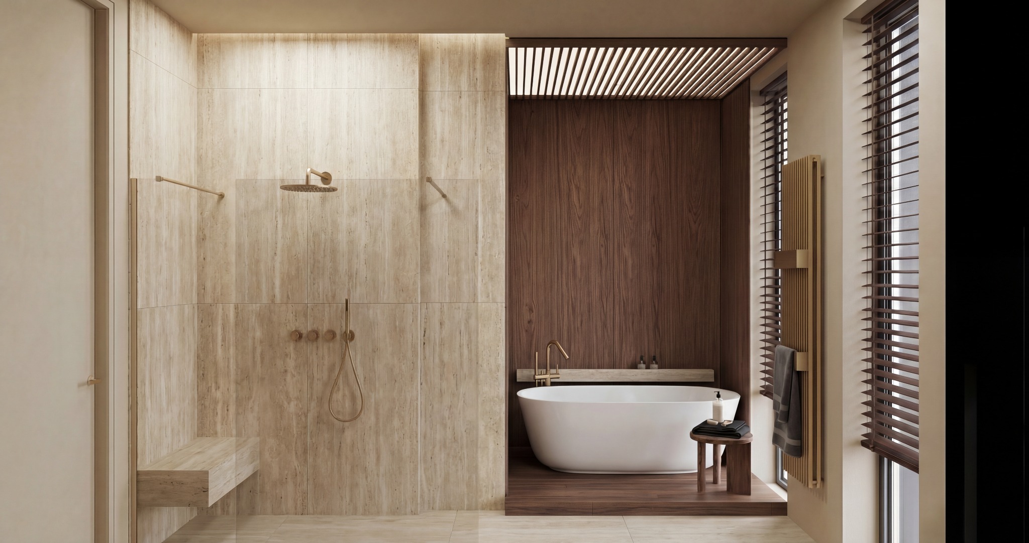 Nowoczesna łazienka z kabiną prysznicową wyłożoną beżowymi płytkami imitującymi drewno, wolnostojącą wanną i drewnianymi akcentami. Minimalistyczny design, ciepłe oświetlenie.