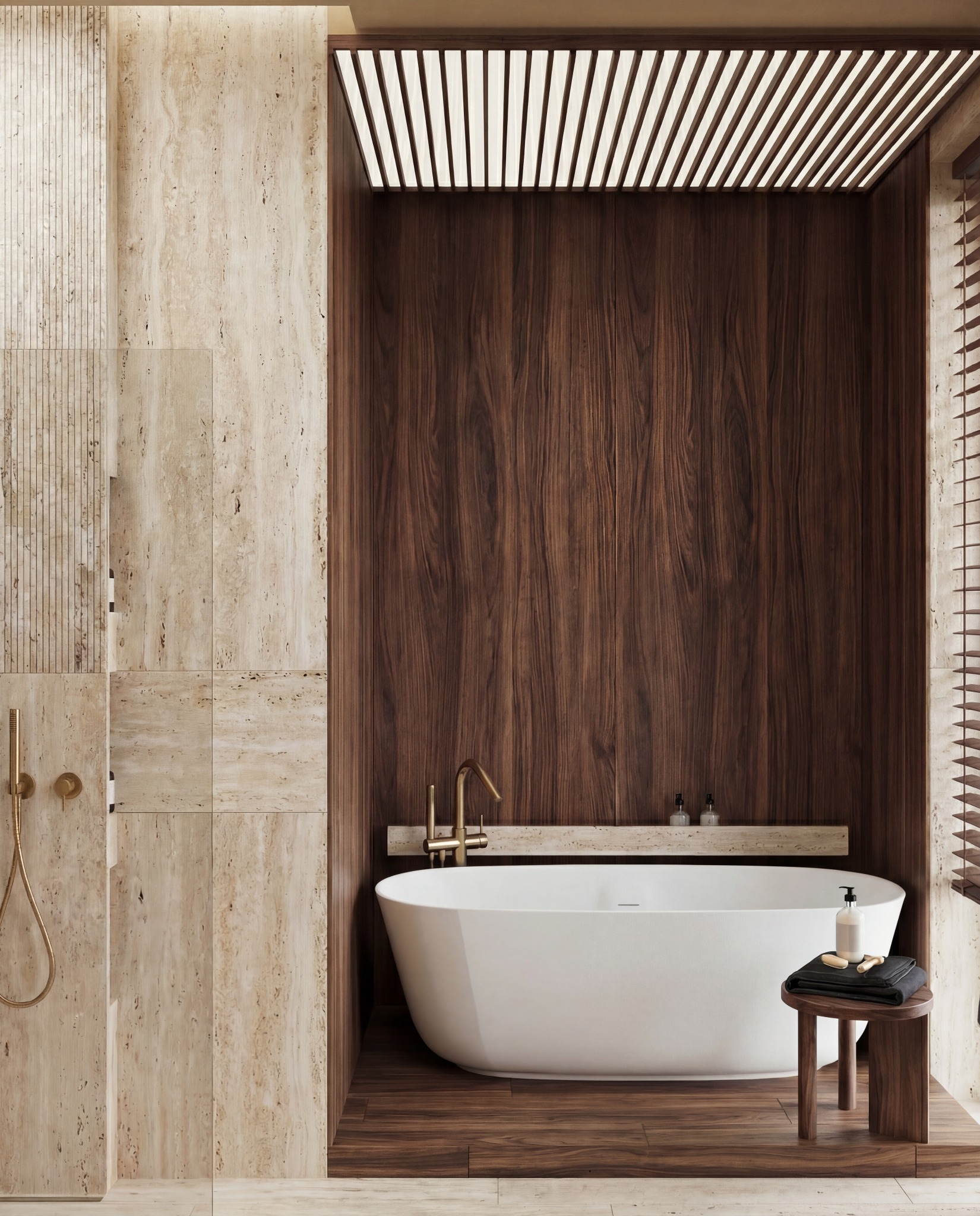 Nowoczesna łazienka z wolnostojącą wanną na tle ściany z ciemnego drewna i beżowych płytek trawertynowych. Minimalistyczny design, złota armatura.