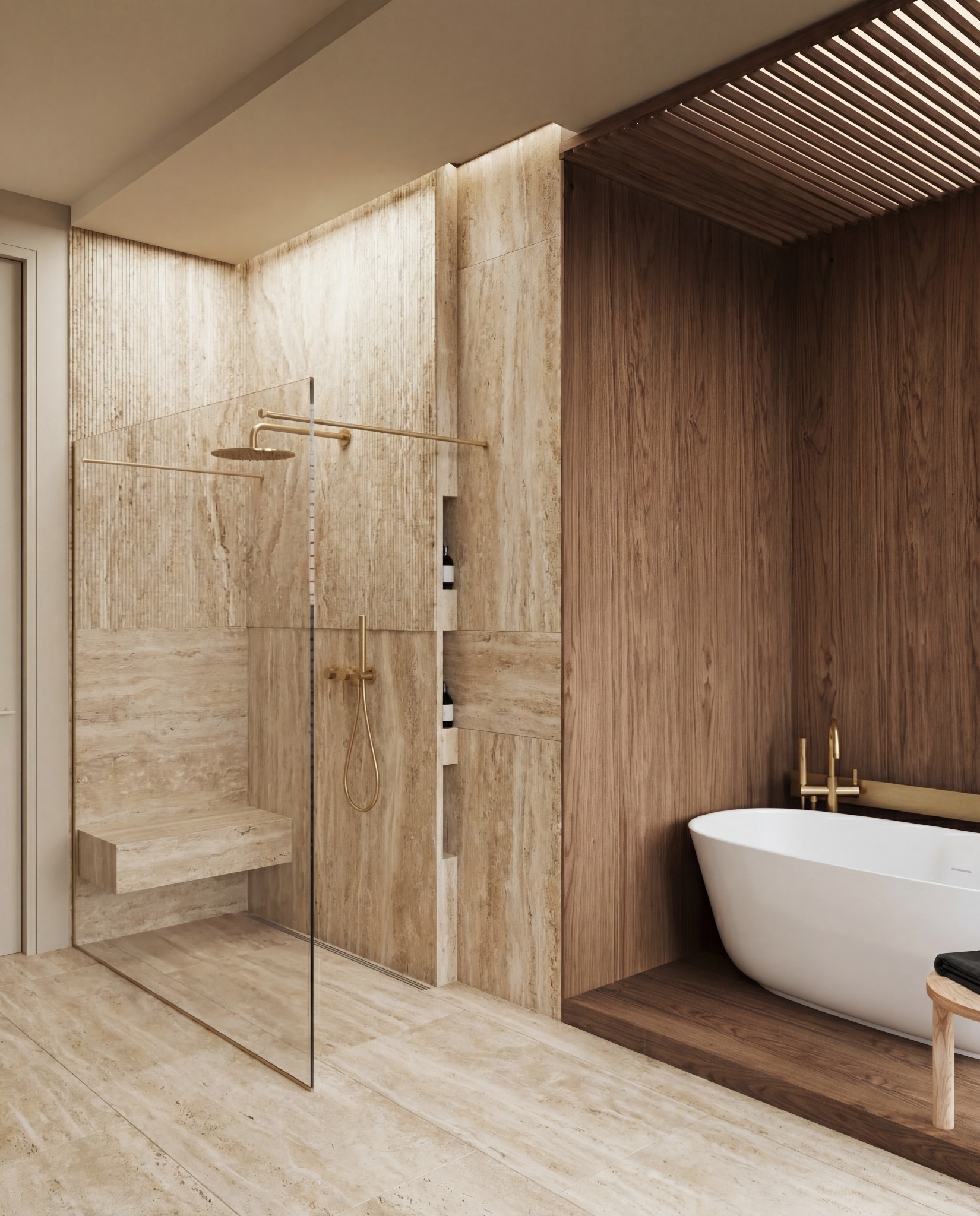 Nowoczesna aranżacja łazienki w Szczecinie: beżowe płytki imitujące trawertyn, kabina prysznicowa typu walk-in z siedziskiem i drewniana zabudowa wanny.