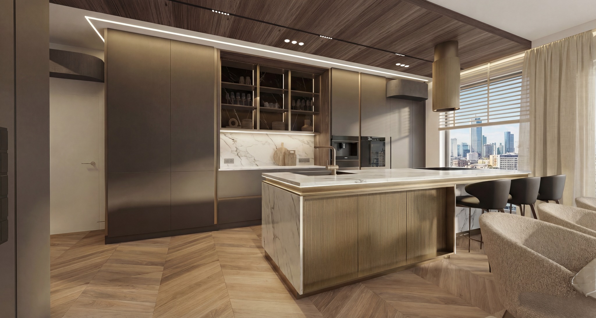 Nowoczesna kuchnia z wyspą, marmurowym blatem i drewnianymi akcentami. Widok na miasto przez okno z żaluzjami. Parkiet w jodełkę na podłodze.