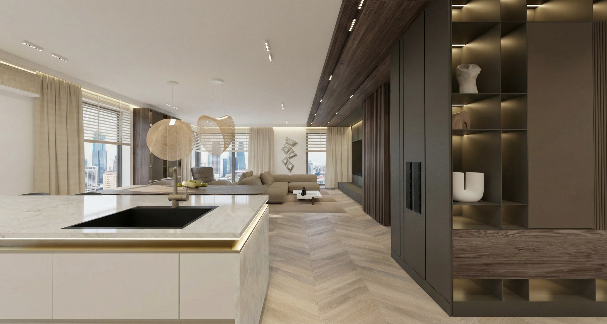 Nowoczesne wnętrze: otwarta przestrzeń z kuchnią, salonem i zabudową meblową. Parkiet w jodełkę, designerskie lampy, widok na miasto. Minimalistyczny styl.