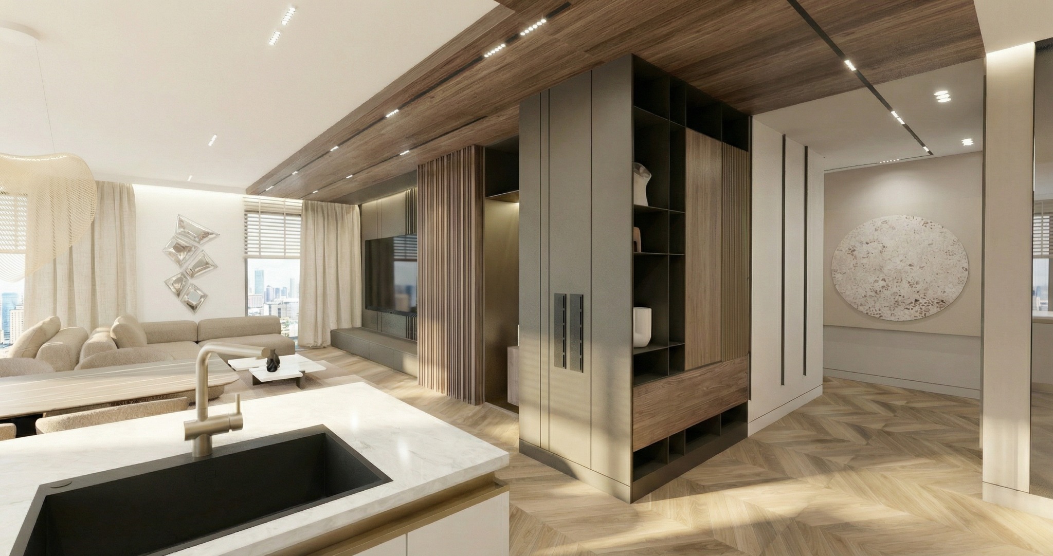 Nowoczesne wnętrze: otwarta kuchnia z wyspą, salon z sofą i TV, drewniany sufit z oświetleniem LED, szafa w zabudowie z półkami. Jasne, przestronne pomieszczenie.