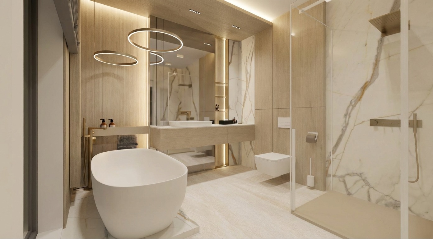 Jasna łazienka z wolnostojącą wanną, umywalką na szafce i kabiną prysznicową. Marmurowe ściany i podłoga, okrągłe lampy nad umywalką. Minimalistyczny design.