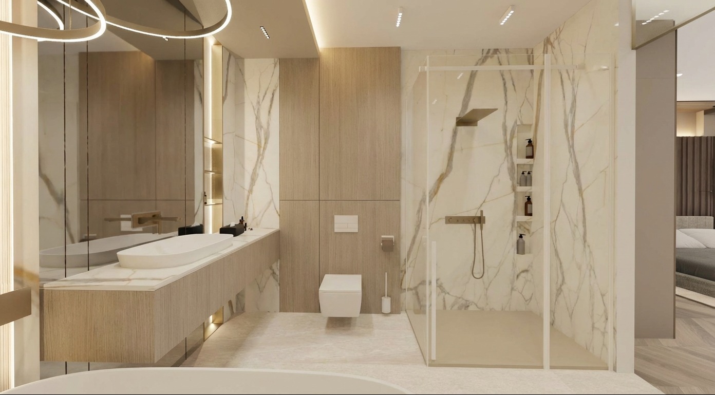 Elegancka łazienka z kabiną prysznicową typu walk-in, umywalką nablatową i szafkami z drewnianym fornirem. Marmurowe ściany z subtelnym żyłowaniem i nowoczesne oświetlenie.