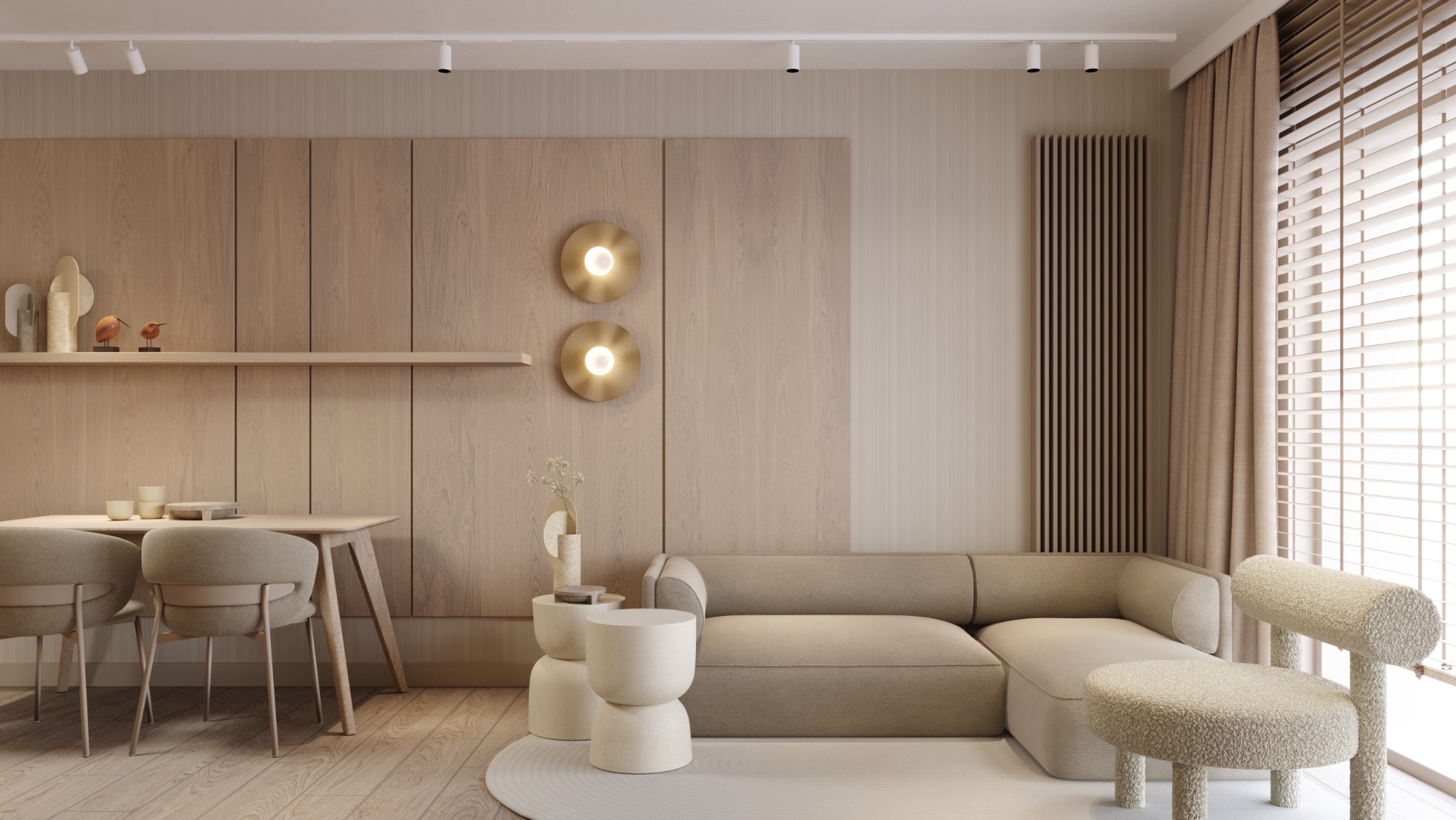 Jasne, minimalistyczne wnętrze: drewniana zabudowa, sofa modułowa, okrągły fotel boucle, lampy ścienne w kolorze złota i drewniany grzejnik dekoracyjny.