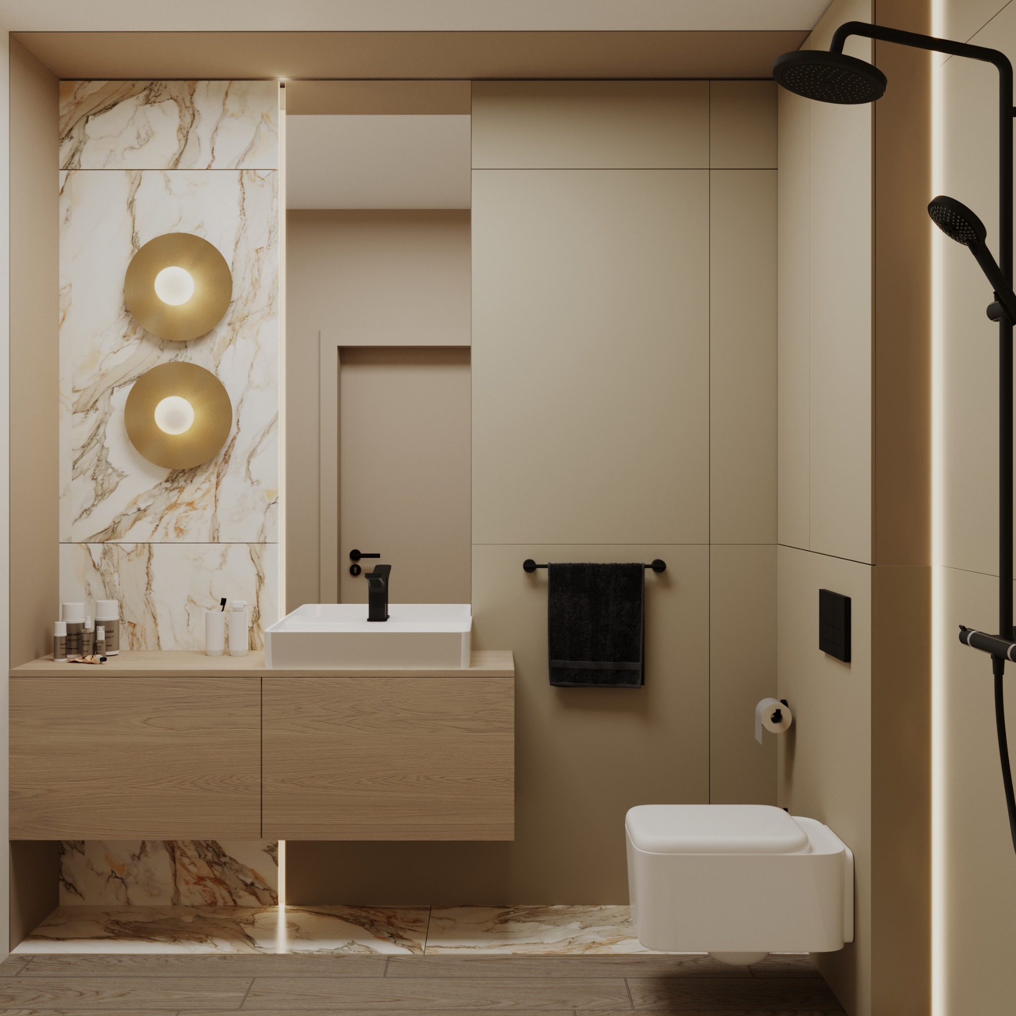 Beżowa łazienka z marmurowymi akcentami: umywalka z szafką, toaleta, czarny prysznic i oświetlenie punktowe. Nowoczesny design z dbałością o detale.