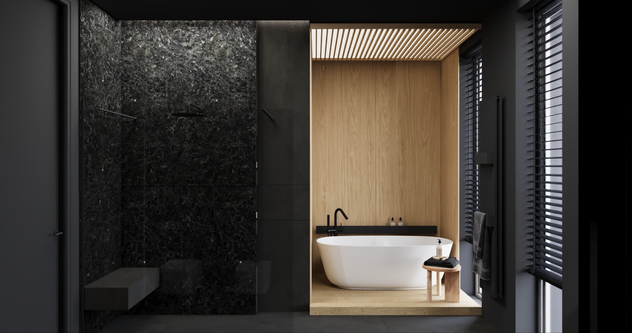 Nowoczesna łazienka w czerni i drewnie: kabina prysznicowa z czarnym marmurem, wolnostojąca wanna na drewnianym podeście, drewniane lamele sufitowe, minimalistyczny design.