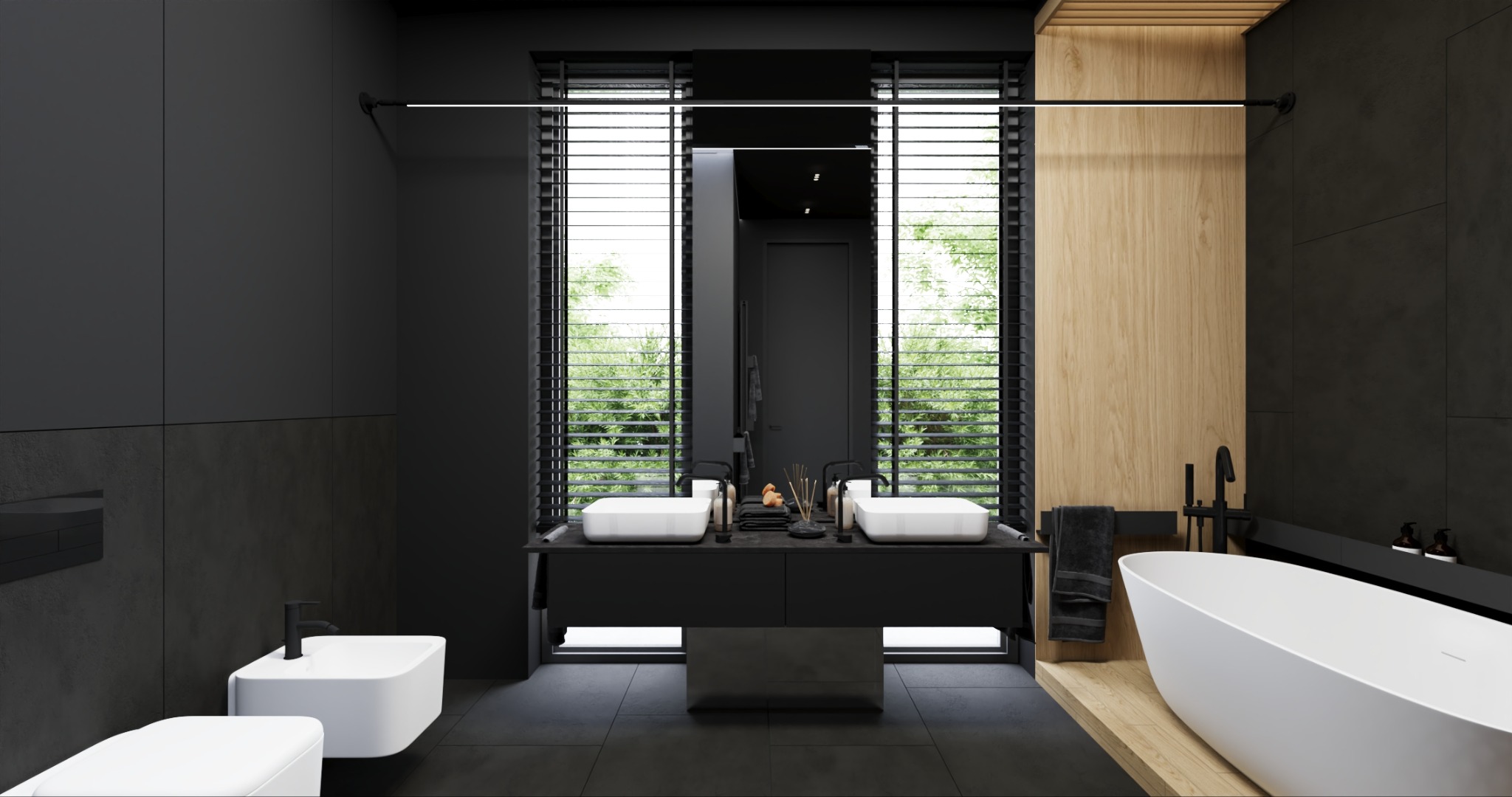 Nowoczesna łazienka w ciemnej tonacji z drewnianymi akcentami. Uwagę przykuwają dwie białe umywalki nablatowe i wolnostojąca wanna.