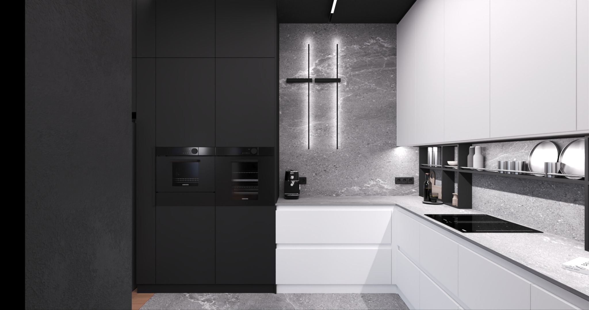 Nowoczesna kuchnia w czerni i bieli z szarym blatem i oświetleniem LED. Minimalistyczny design z zabudowanymi sprzętami i dekoracyjną ścianą z efektem kamienia.