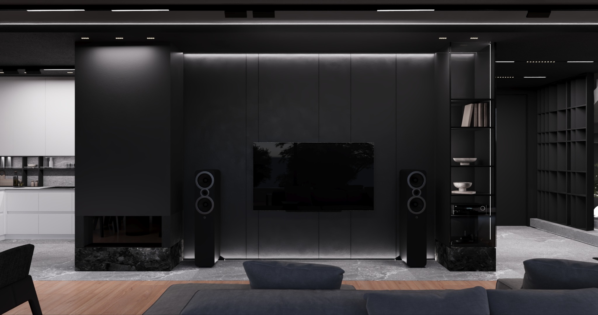 Nowoczesny salon w czerni z akcentami bieli: minimalistyczny design, podświetlona ściana TV, marmurowy kominek i regał. Subtelne oświetlenie LED podkreśla elegancję.