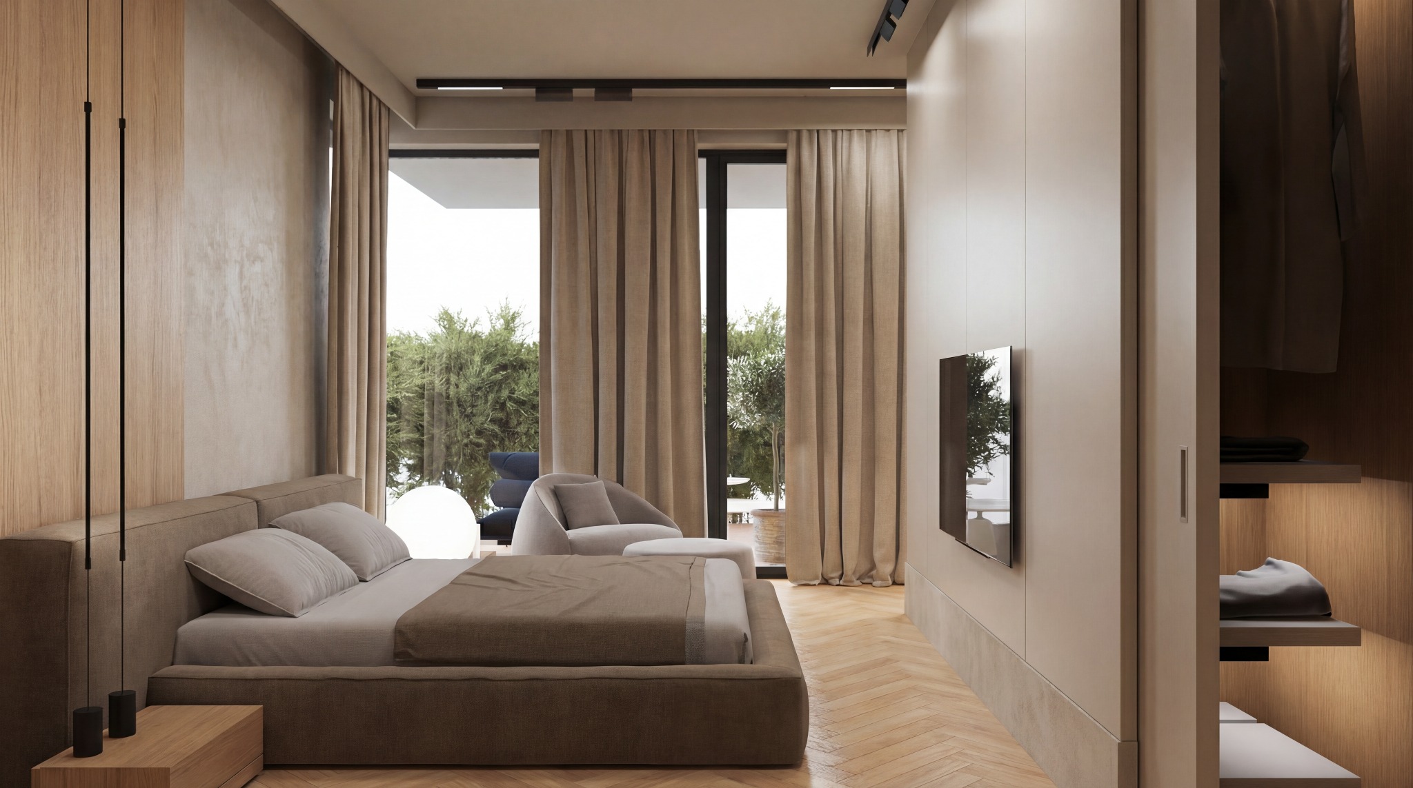 Nowoczesna sypialnia w beżach: łóżko, fotel, TV, parkiet w jodełkę, garderoba z podświetleniem. Widok na zieleń przez okno. Minimalistyczny design, ciepłe oświetlenie.