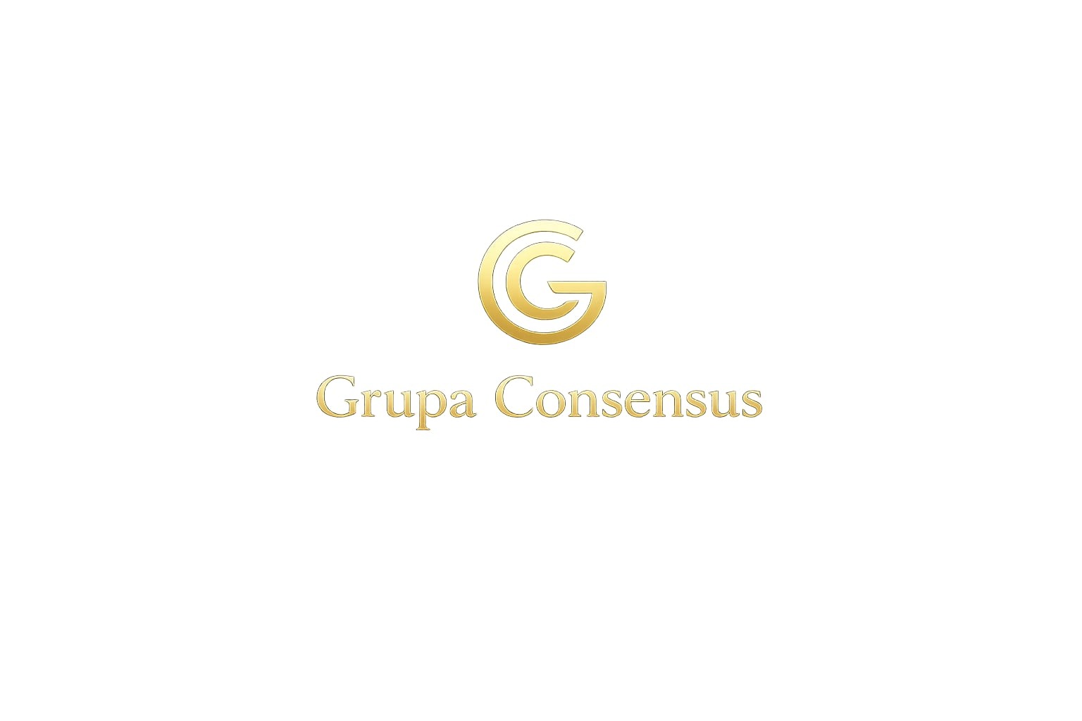 Złote logo 'Grupa Consensus' na białym tle. Minimalistyczny design z okrągłym symbolem 'G' i nazwą firmy poniżej. Elegancki i profesjonalny wizerunek.