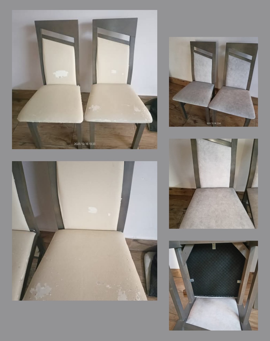 Kolaż zdjęć krzeseł z tapicerką przed i po renowacji. Widoczne uszkodzenia na starym obiciu i odnowione, szare obicie na nowym. Drewniane ramy krzeseł w kolorze szarym.