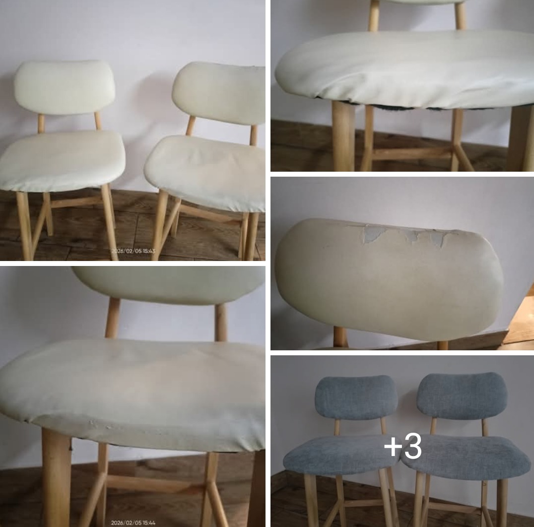 Kolaż: krzesła z drewnianymi nogami i jasnymi siedziskami, w tym jedno z uszkodzoną tapicerką. Na dole widoczne krzesła z szarą tapicerką.