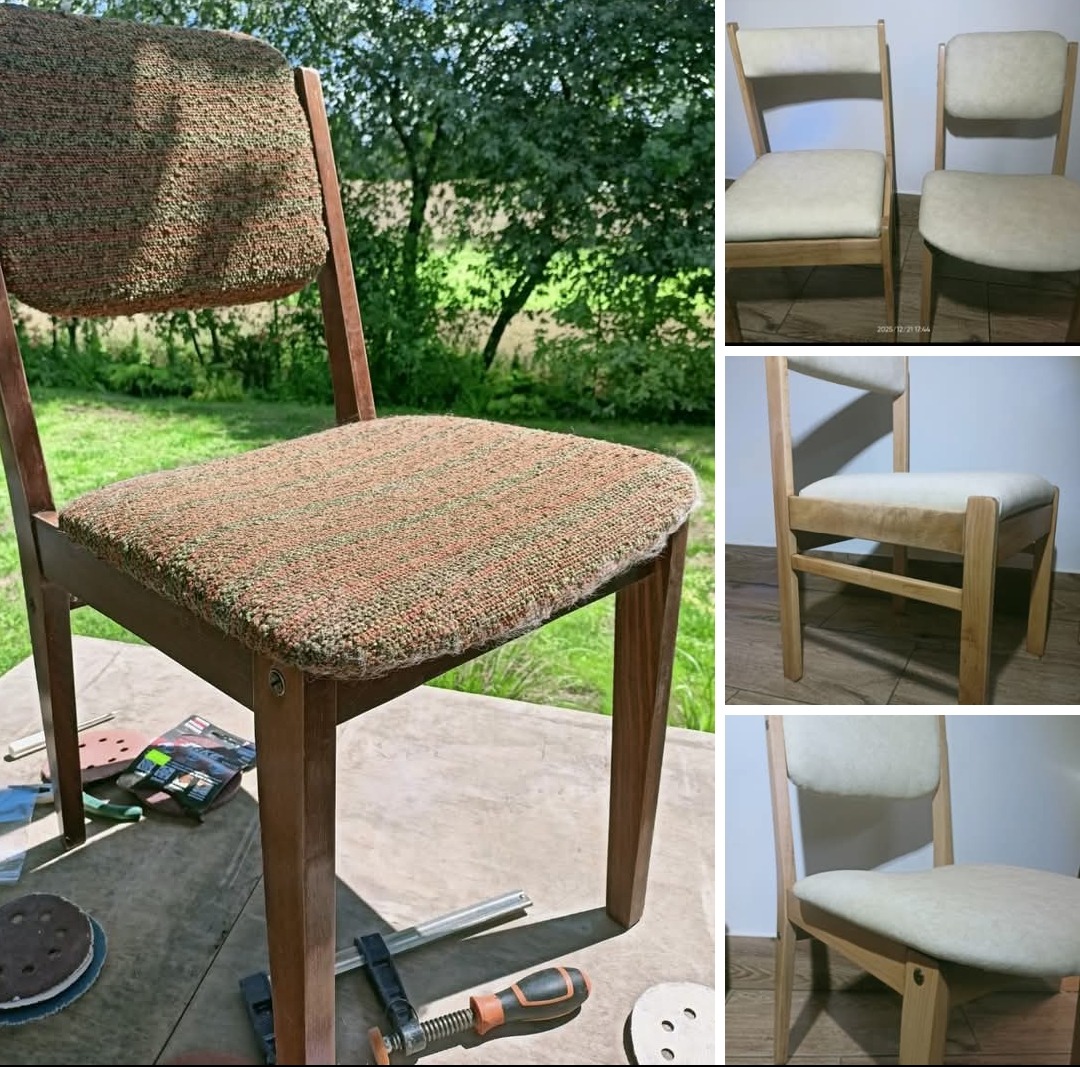 Krzesło po renowacji tapicerki z narzędziami i materiałami obok. W tle zieleń. Na kolażu krzesła przed renowacją z jasną tapicerką.