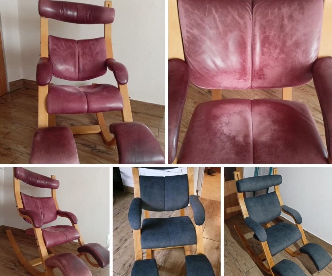 Ergonomiczny fotel bujany z drewnianą ramą i bordową tapicerką skórzaną, widoczne ślady użytkowania na siedzisku. Fotel z podparciem kolan.