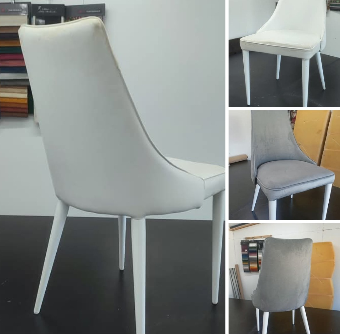 Białe krzesło tapicerowane z wysokim oparciem na tle wzorników materiałów. Dodatkowe ujęcia krzeseł w różnych kolorach i z bliska prezentują detale wykończenia.