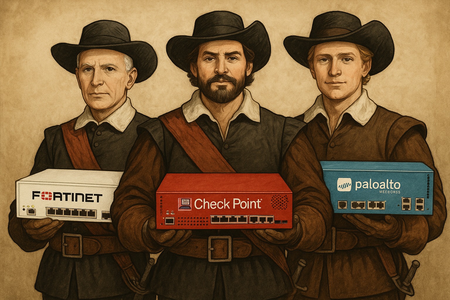 Stylizowany portret trzech mężczyzn w strojach z epoki, trzymających routery Fortinet, Check Point i Palo Alto. Nietypowe połączenie historii i nowoczesnej technologii.
