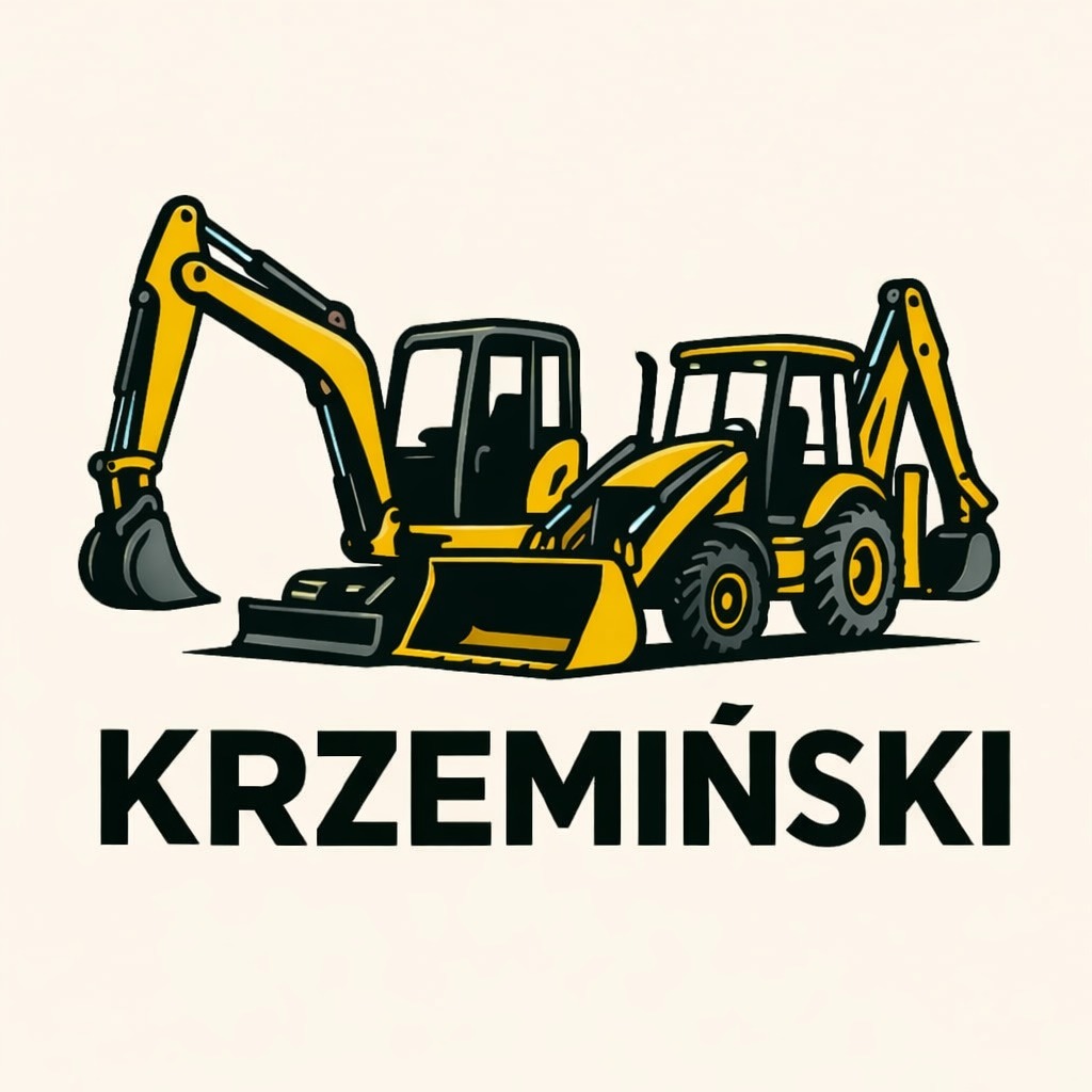 Grafika z dwoma żółtymi koparkami i nazwą firmy 'KRZEMIŃSKI' na kremowym tle. Ilustracja w stylu cartoon, prezentująca sprzęt budowlany.