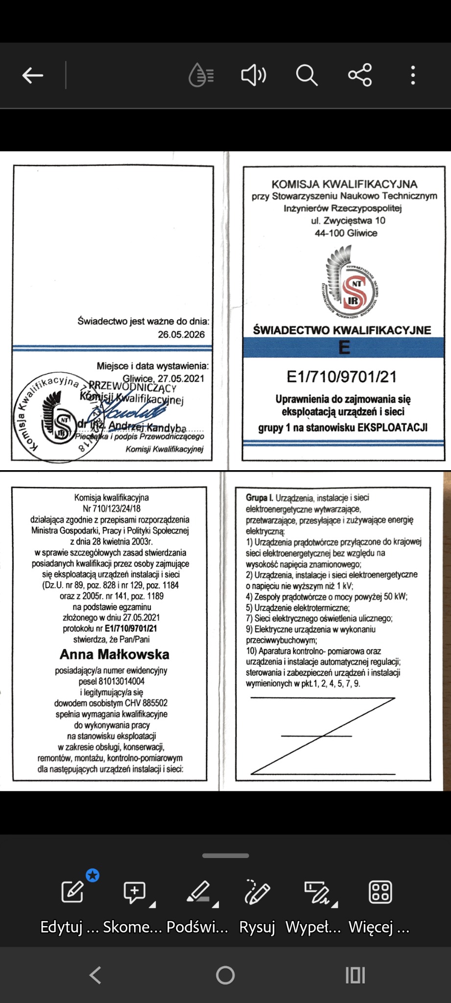 Skan świadectwa kwalifikacyjnego E1/710/9701/21 uprawniającego do eksploatacji urządzeń i sieci elektrycznych grupy 1, wydanego w Gliwicach 27.05.2021.