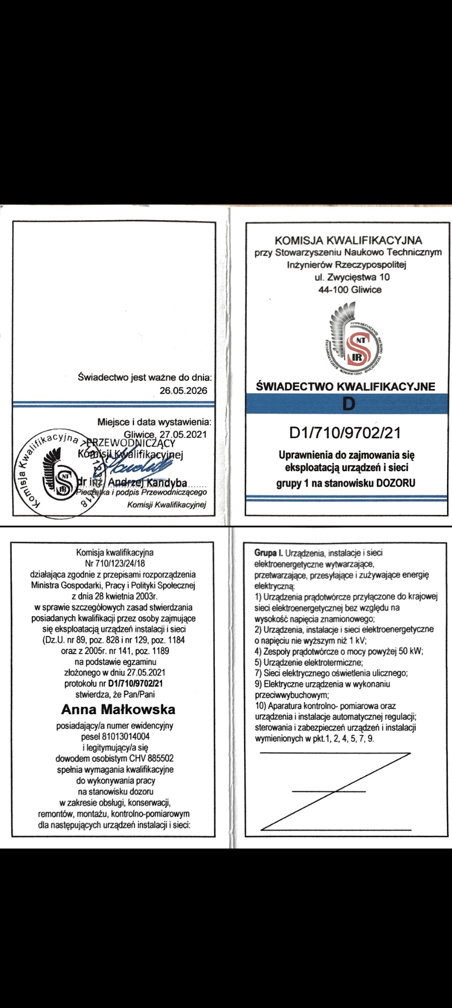 Skan świadectwa kwalifikacyjnego uprawniającego do eksploatacji urządzeń i sieci elektroenergetycznych, grupa 1 na stanowisku dozoru. Dokument z datą ważności.