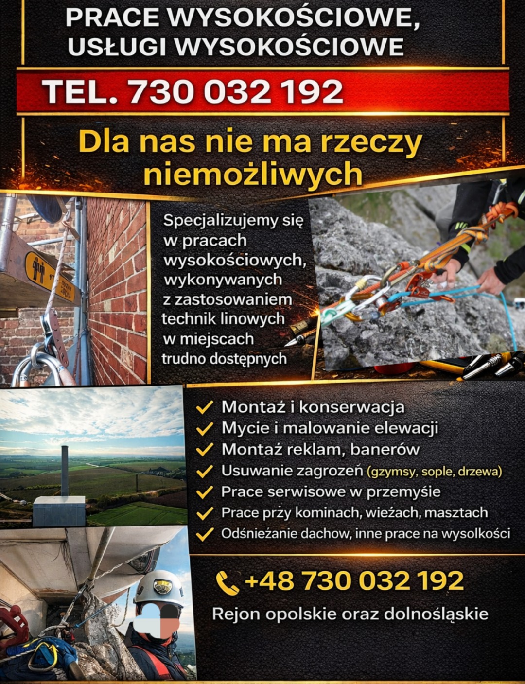 Baner reklamowy firmy oferującej prace wysokościowe: montaż, mycie elewacji, usuwanie zagrożeń, prace serwisowe, odśnieżanie dachów. Kontakt telefoniczny.