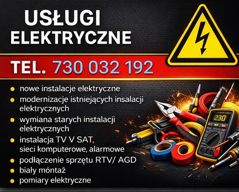 Usługi elektryczne: nowe instalacje, modernizacje, wymiana, instalacja TV/SAT, podłączenie sprzętu RTV/AGD, pomiary. Telefon: 730 032 192. Ostrzeżenie o napięciu.