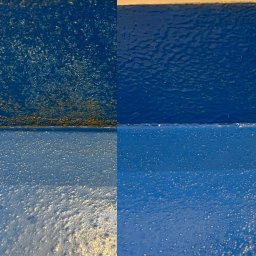 ProMaClean Maciej Wąsek - Niebieska, metalowa powierzchnia w zbliżeniu, podzielona na dwie części: brudna (przed) i czysta (po). Widoczne różnice w fakturze i kolorze po czyszczeniu.