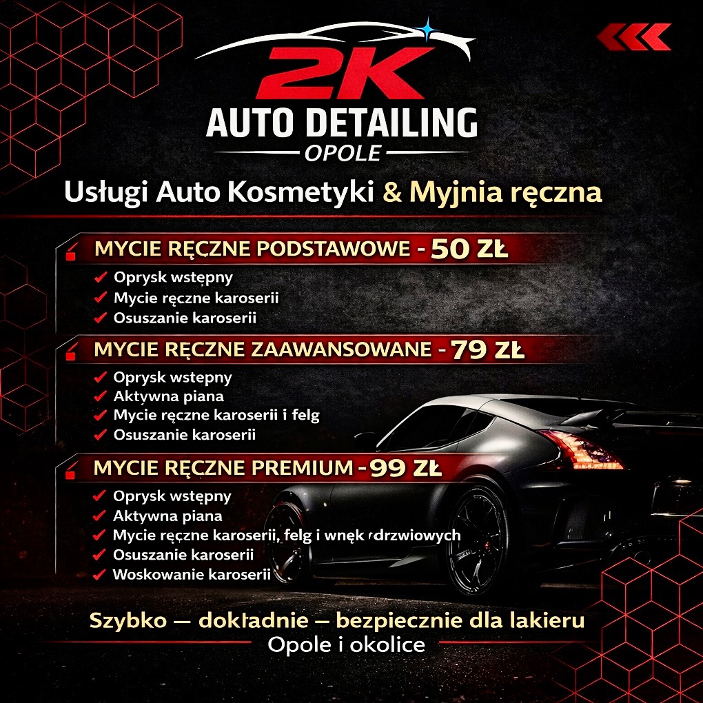 Auto detailing Opole: oferta myjni ręcznej z cennikiem. Usługi auto kosmetyki, mycie podstawowe, zaawansowane i premium. Szybko, dokładnie, bezpiecznie dla lakieru.