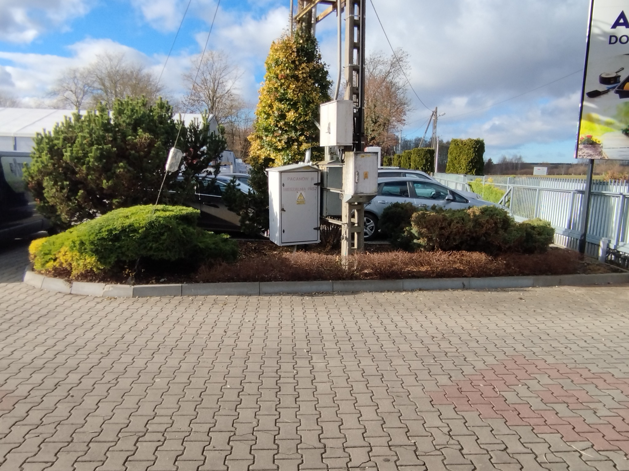 Kształtne krzewy i drzewa ozdobne przy parkingu z kostki brukowej, w tle budynek i błękitne niebo z chmurami. Widoczne skrzynki elektryczne i zaparkowane samochody.