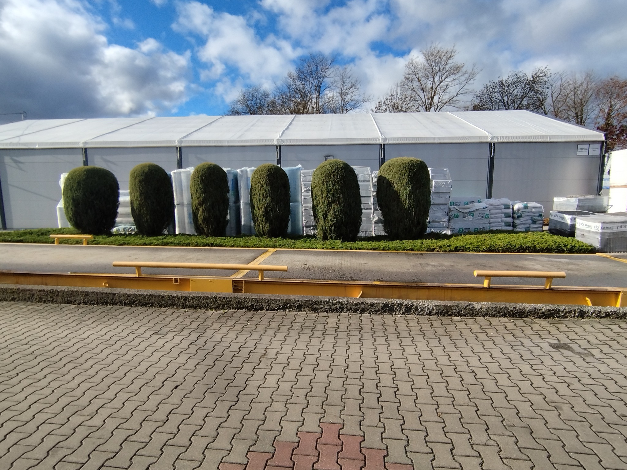 Rząd równo przyciętych, kulistych krzewów przed białym namiotem magazynowym. Kostka brukowa na pierwszym planie, błękitne niebo z chmurami w tle.