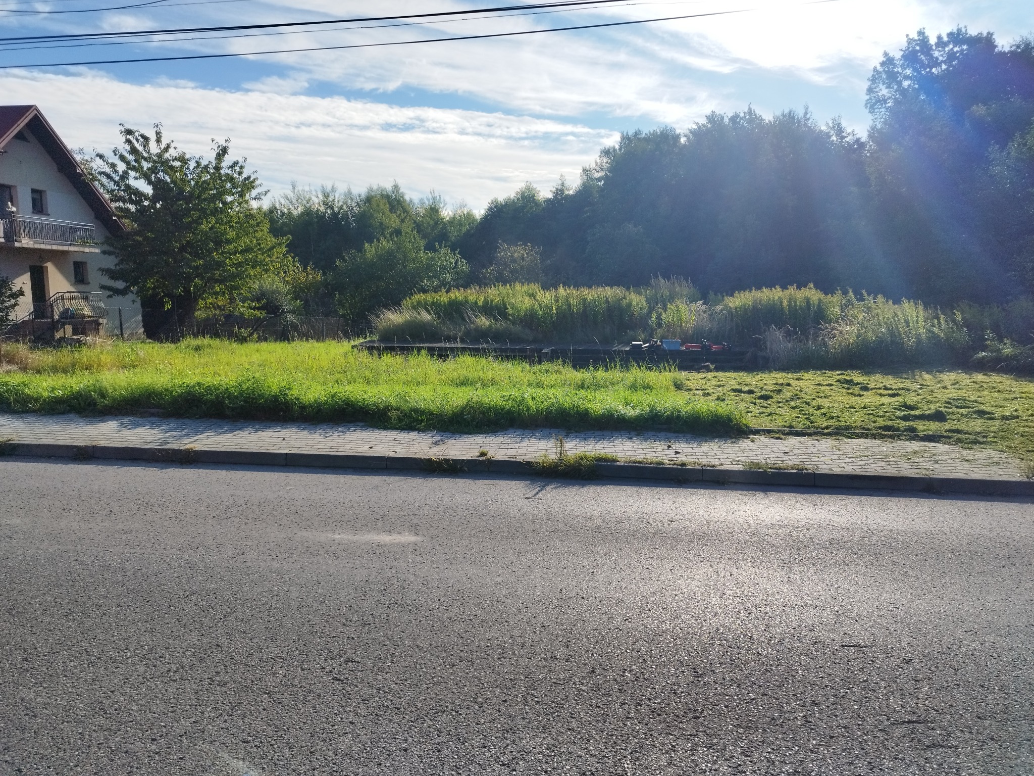 Zarośnięta działka z trawą po częściowym koszeniu, widoczny dom z balkonem i drzewo. W tle las i błękitne niebo z chmurami. Część trawy skoszona, część zarośnięta.