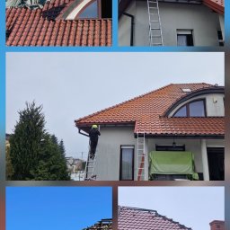 Best High Quality Dach Usługi Dekarskie Gavril Istoica - Mozaika zdjęć dachu: fragment dachu przed naprawą pod plandeką, pracownik na drabinie przy rynnie, dach po naprawie z nową dachówką i oknem.