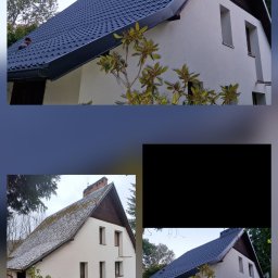 Best High Quality Dach Usługi Dekarskie Gavril Istoica - Dom z nowym, ciemnym dachem z blachodachówki i szarymi rynnami. Na dolnym zdjęciu widoczny dom przed wymianą dachu, z mchem na starej dachówce.
