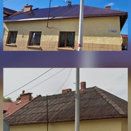 Best High Quality Dach Usługi Dekarskie Gavril Istoica - Porównanie dachu przed i po renowacji: od szarego, zniszczonego pokrycia do lśniącej, brązowej blachy. Widoczna elewacja budynku z oknami i fragment ulicy.