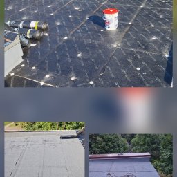 Best High Quality Dach Usługi Dekarskie Gavril Istoica - Prace dekarskie w Rybniku: Papa termozgrzewalna na dachu płaskim, widoczne rolki materiału, puszka kleju i pracownik. Dodatkowe ujęcia stanu dachu przed i po.