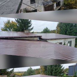 Best High Quality Dach Usługi Dekarskie Gavril Istoica - Fotografia przedstawia budynek przed i po wymianie dachu na brązowy blaszany. Widoczne zniszczone ściany budynku i otoczenie z drzewami.