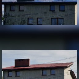 Best High Quality Dach Usługi Dekarskie Gavril Istoica - Zdjęcie przedstawia budynek przed i po renowacji dachu. Na górnym zdjęciu dekarz na dachu, na dolnym nowy, czerwony dach.