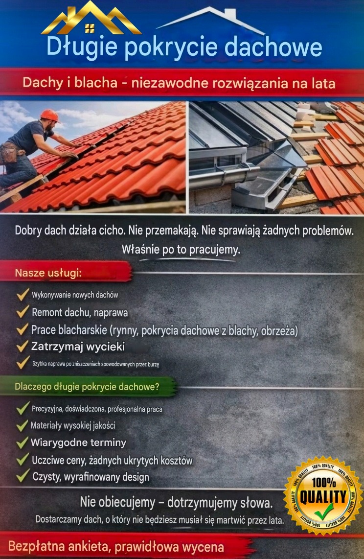 Baner reklamowy firmy dekarskiej: dekarz w pracy na dachu z czerwonej dachówki, obok fragment dachu z rynnami. Tekst o usłudze, jakości i bezpłatnej wycenie.