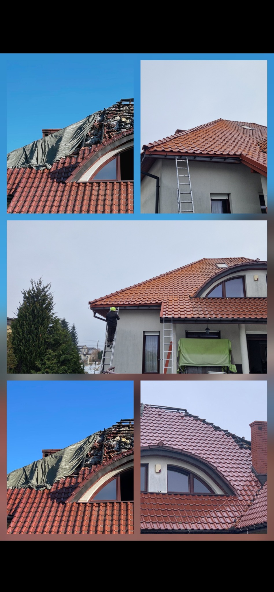 Mozaika zdjęć dachu: fragment dachu przed naprawą pod plandeką, pracownik na drabinie przy rynnie, dach po naprawie z nową dachówką i oknem.