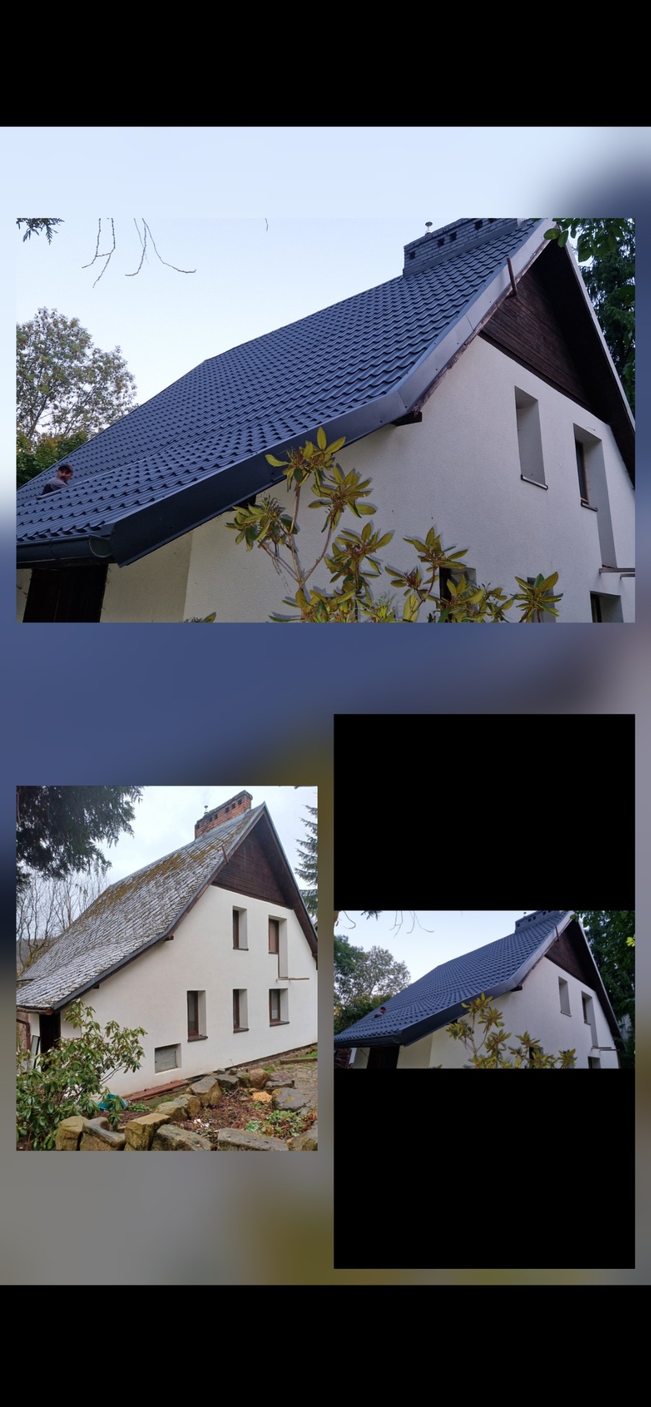Dom z nowym, ciemnym dachem z blachodachówki i szarymi rynnami. Na dolnym zdjęciu widoczny dom przed wymianą dachu, z mchem na starej dachówce.