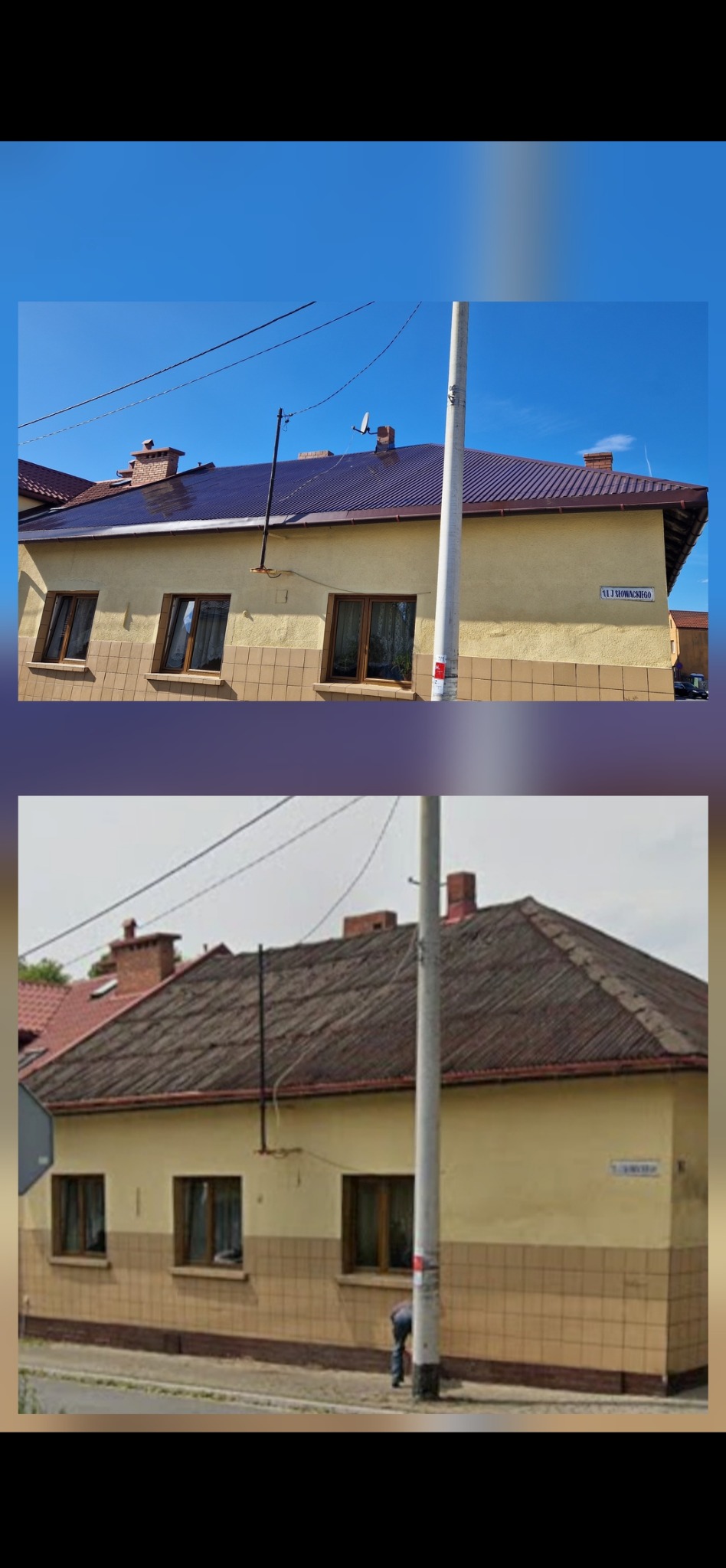 Porównanie dachu przed i po renowacji: od szarego, zniszczonego pokrycia do lśniącej, brązowej blachy. Widoczna elewacja budynku z oknami i fragment ulicy.
